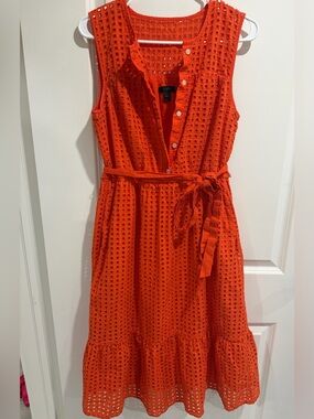 J.Crew Eyelet Midi Dress Orange Sleeveless Tie Waist Size 10T